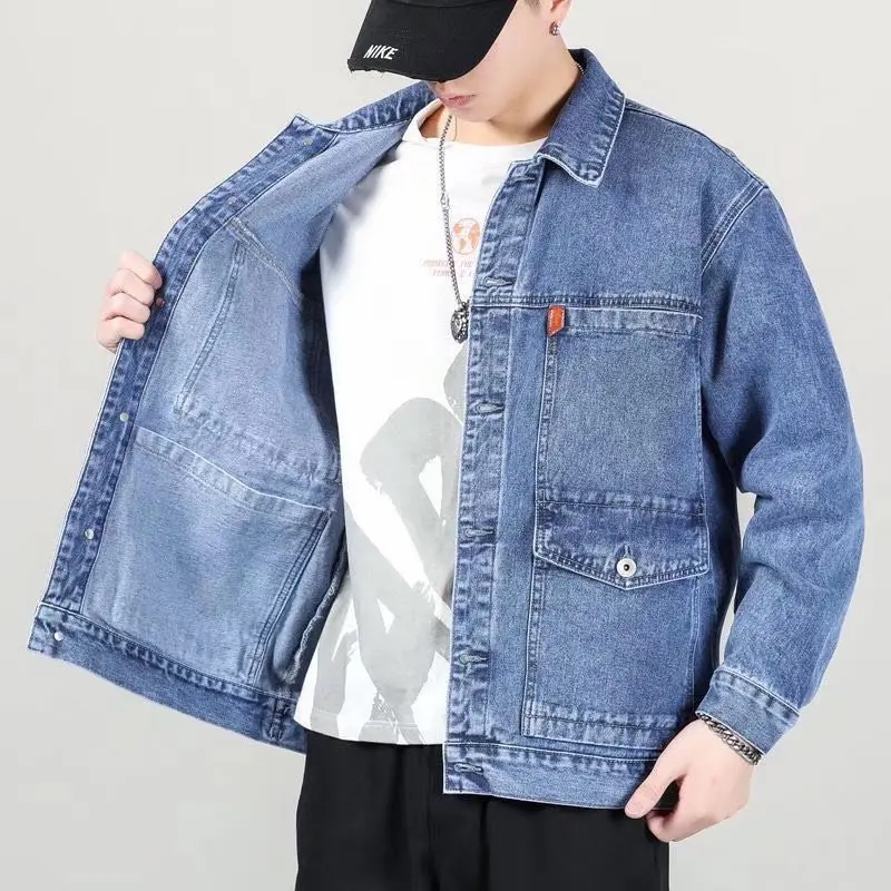 Men's Workwear Denim Jacket Loose Fit Multiple Pockets Durable Cotton Long Sleeve Youthful Workwear Spring Autumn