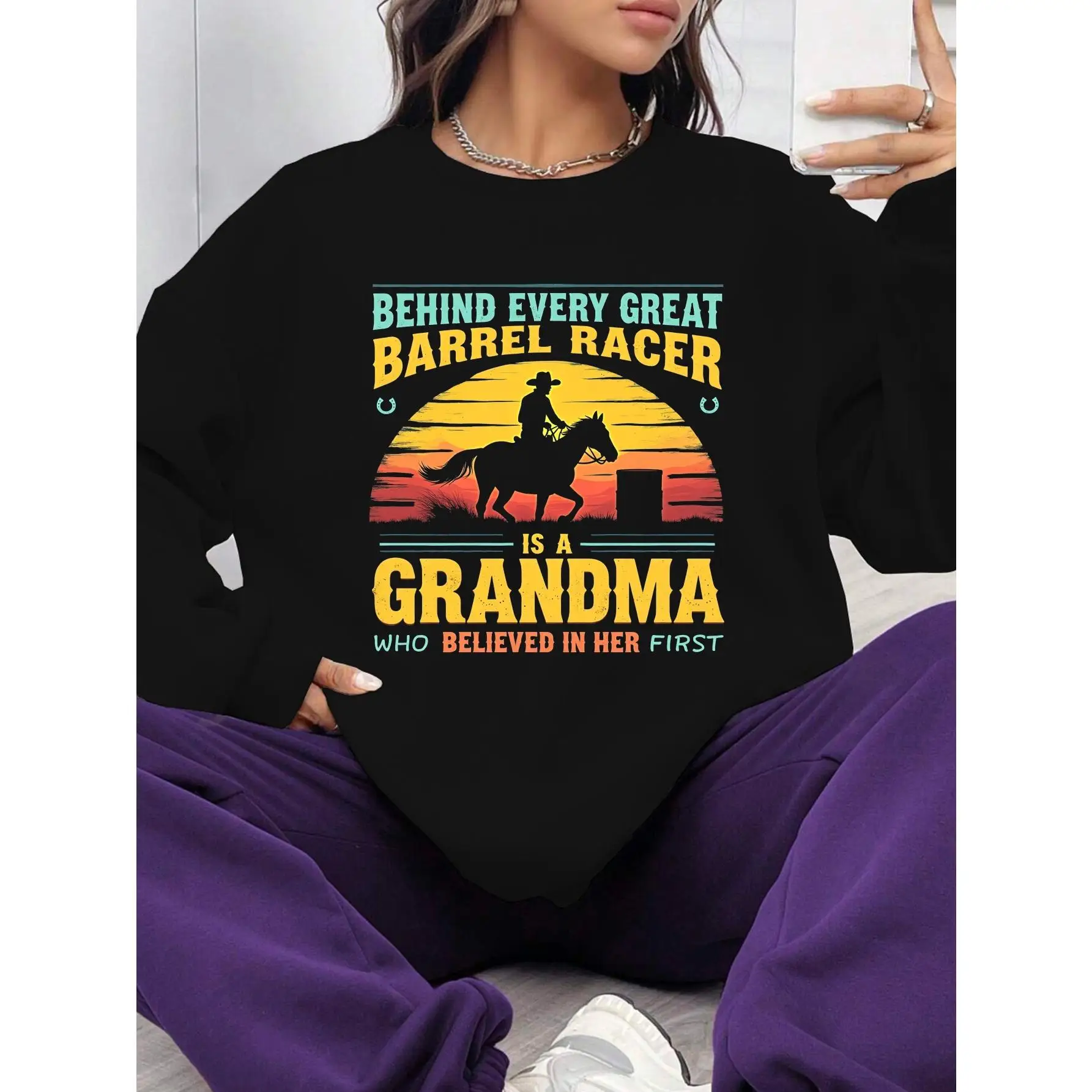 

Women Men Barrel Racer Grandma Sweatshirt Western Horse Riding Pullover Retro Sunset Cowgirl Gift for Granddaughter