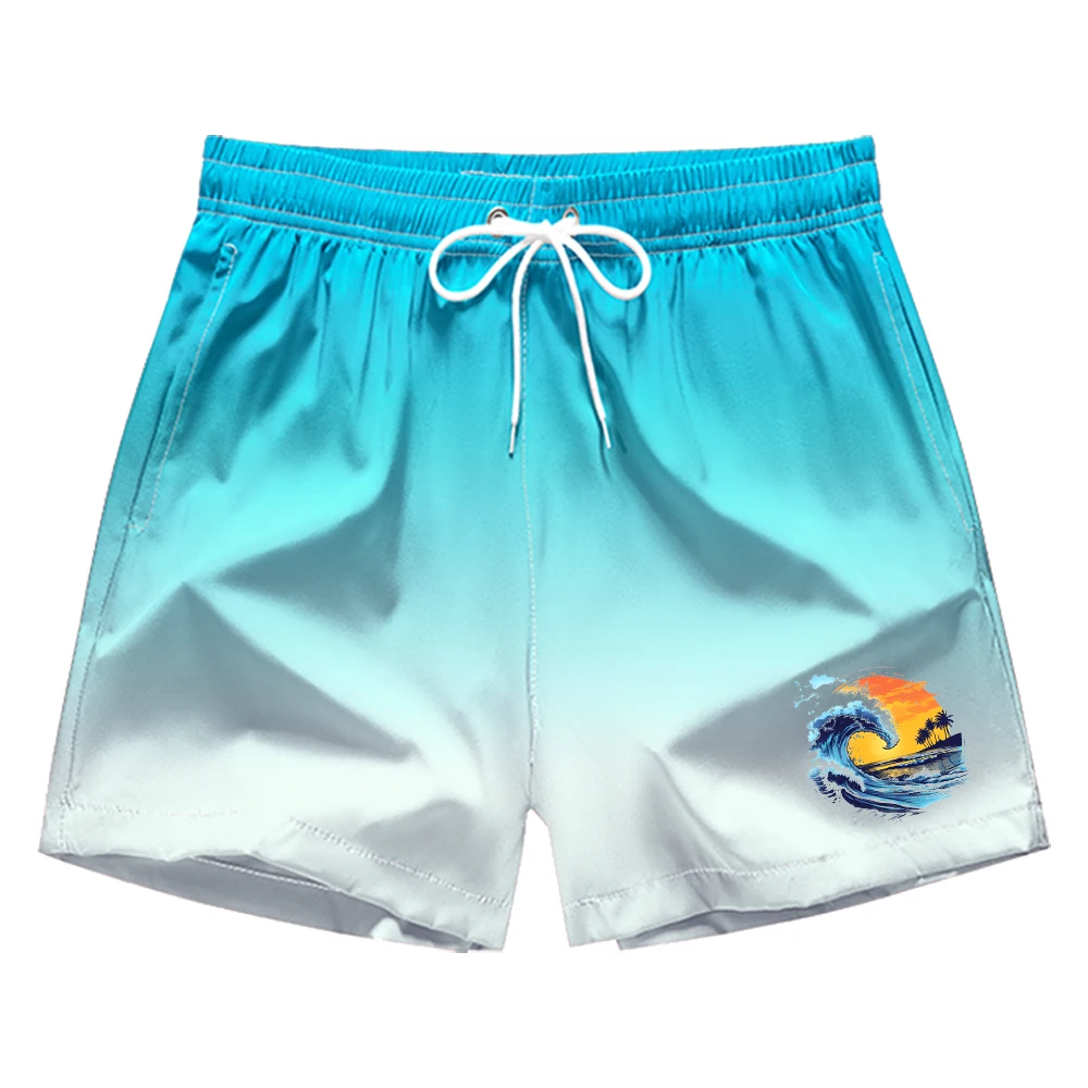 

Men's Gradient Swim Trunks Summer Beach Shorts Ocean Wave Print Quick Dry Swimwear with Pockets & Drawstring Swim Trunks