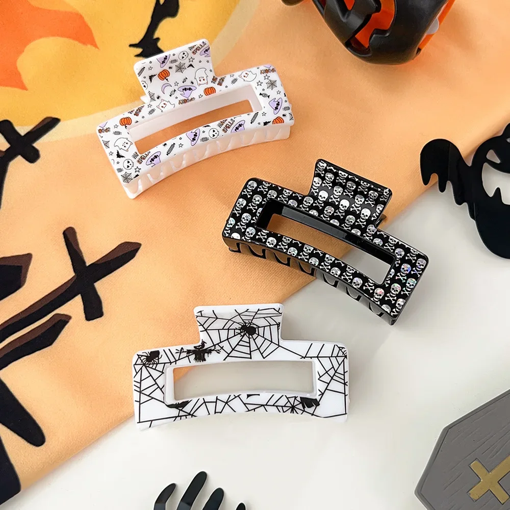 DS New Style Halloween Skeleton Spider Web Print Acrylic Hair Claw Horror Claw Clip Crab Hair Clip for Women Hair Accessories