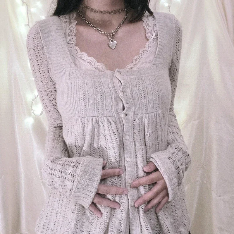 

Pop 2025 Vintage Long Sleeve Babydoll Knitted Sweater Tops Cottage Milkmaid Pullovers Aesthetic Grunge Y2k Knitwear T-shirts Wom