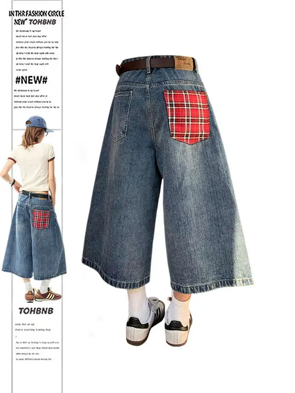 

Женские джинсы больших размеров с высокой талией и широкими штанинами, летние, новые, свободного кроя, с дизайнерскими карманами, джинсовые комбинезоны для молодых женщин с фигурой типа «груша»