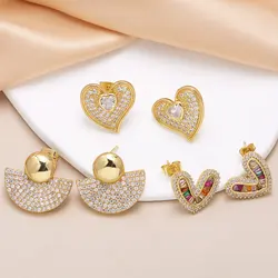 FLOLA Multicolor Crystal Heart Stud Earrings for Women Gold Plated Ball Semicircle Ear Studs Rainbow Jewelry ersa348
