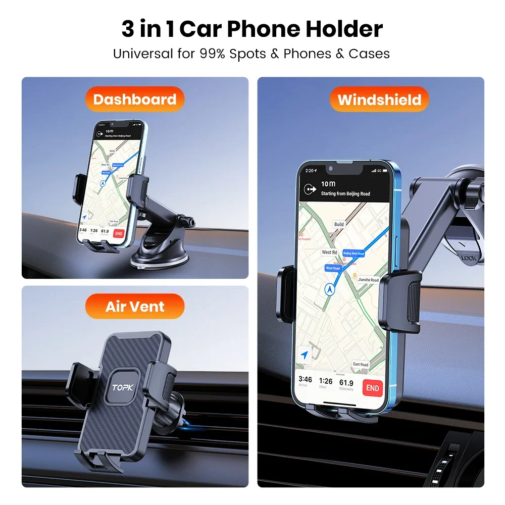 TOPK Universal Car Phone Holder Mount, Car Phone Mount for Dashboard and Windshield, Phone Holder Car with 360° Rotation