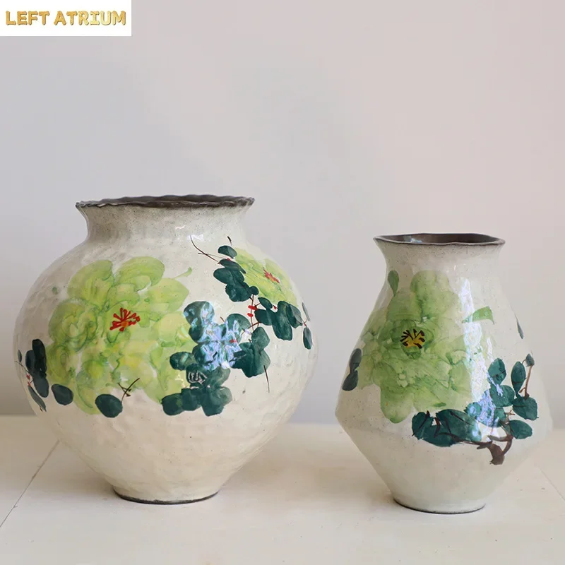 Ceramic Vase Handmade Chinese Watercolor Graffiti Flowers Retro Decorative Earthenware Jars Flower Vase Home Decoration