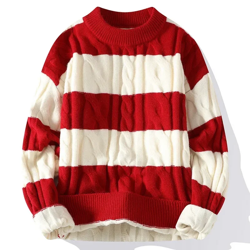 2023 Winter New Men's Round Neck Stripe Pullover Sweater Knitwear Korean Youth Fashion Casual Bottom Shirt