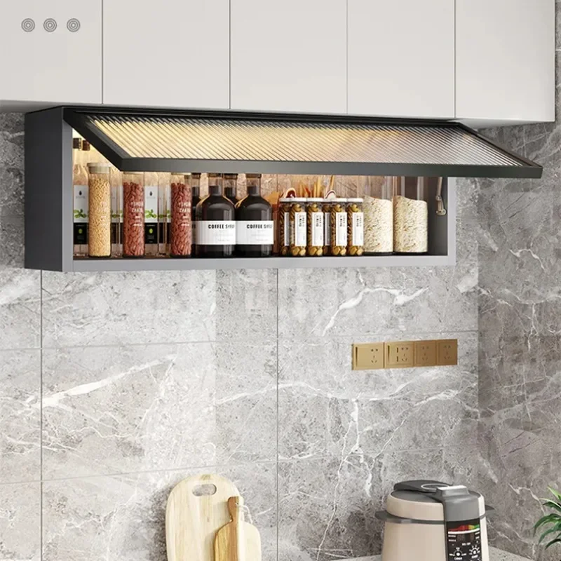 Kitchen hanging cabinet, seasoning storage cabinet, wall hanging, shelf below, glass upper opening cabinet, aluminum alloy small