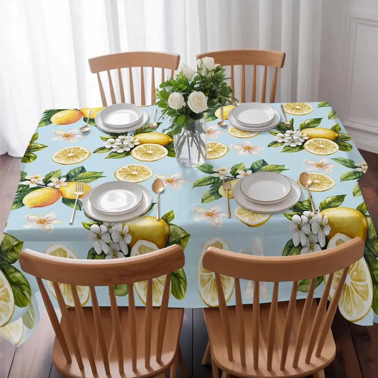 1Pc Lemon Floral Print Tablecloth Light Blue Table Cover For Dining Kitchen Party Dustproof Oilproof Decorative Home Use