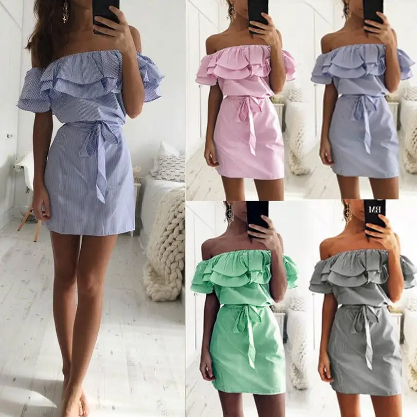 Women Dresses 2026 summer lotus leaf sleeve striped off-the-shoulder mini dresses with belt women's clothing vestidoes