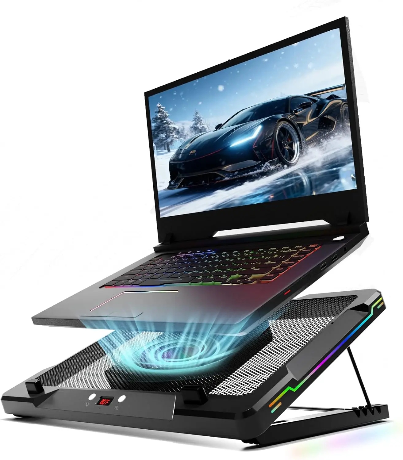 

Portable RGB Laptop Cooler with Sliding Fan, Ergonomic Stand for 14-17.3 Inch Gaming Laptops