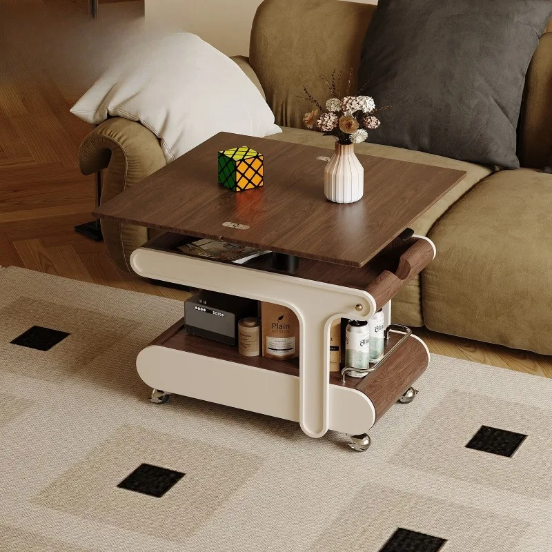

Rotating square French retro living room side table movable lifting multi-functional small apartment folding cart coffee table