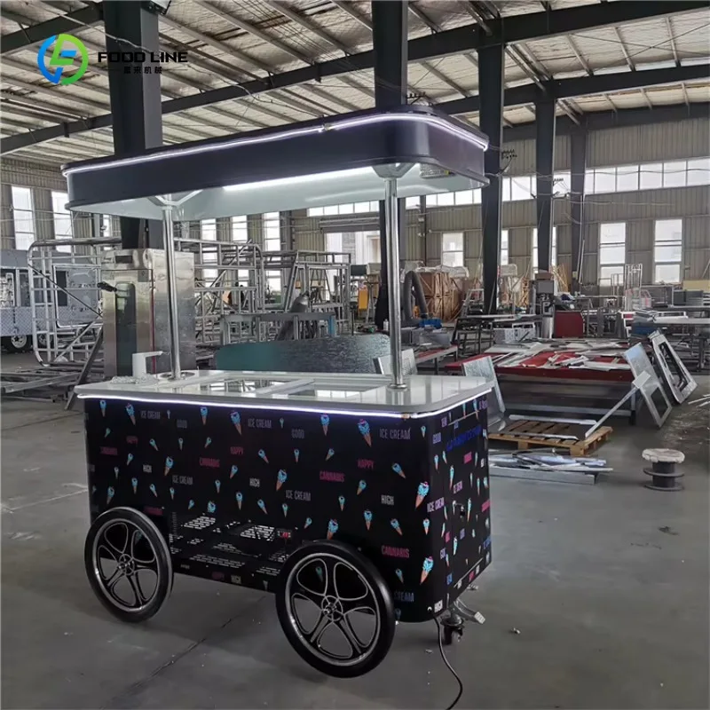 Mobile Ice Cream Trolley Vending Cart with Freezer Popsicle Display Showcase for Party Park Street Sale Vendor