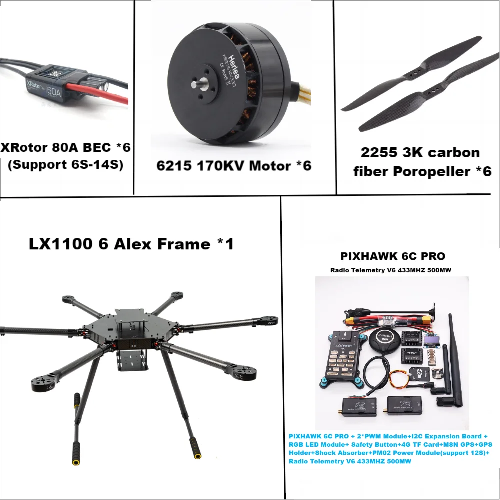 LX1100 6C PRO M8N M9N M10 Full Carbon Fiber 1100mm Hexa-Rotor Frame X-Roter 80A ESC PX4 Pixhawk Flight Control Set 6215 Motor