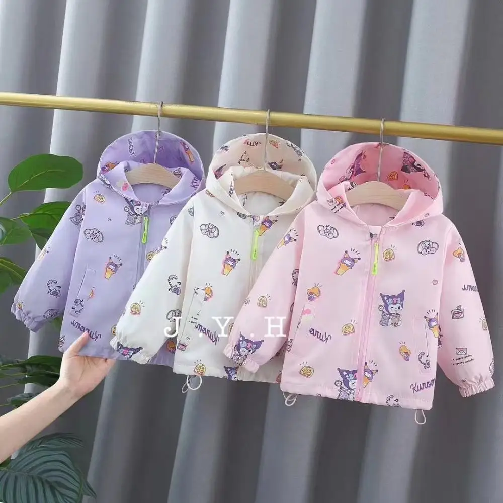 

Sanrio Kuromi Girls Jackets Spring Autumn Cartoon Y2K Coat Child Kawaii Windbreaker Coat Hooded Outwear Tops Cute Overcoat Gift