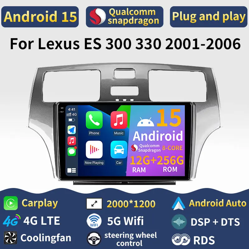 Android 15 Carplay For Lexus ES300 ES 300 ES330 XV30 ES 330 2001 - 2006 WIFI Audio Auto Car Radio Stereo Multimedia 360 Camera