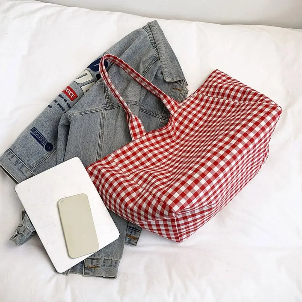 Portable Korean Style Red Plaid Shoulder Bag Grid Check Lattice Tote Bag Lazy Style Cute Canvas Bag Daily