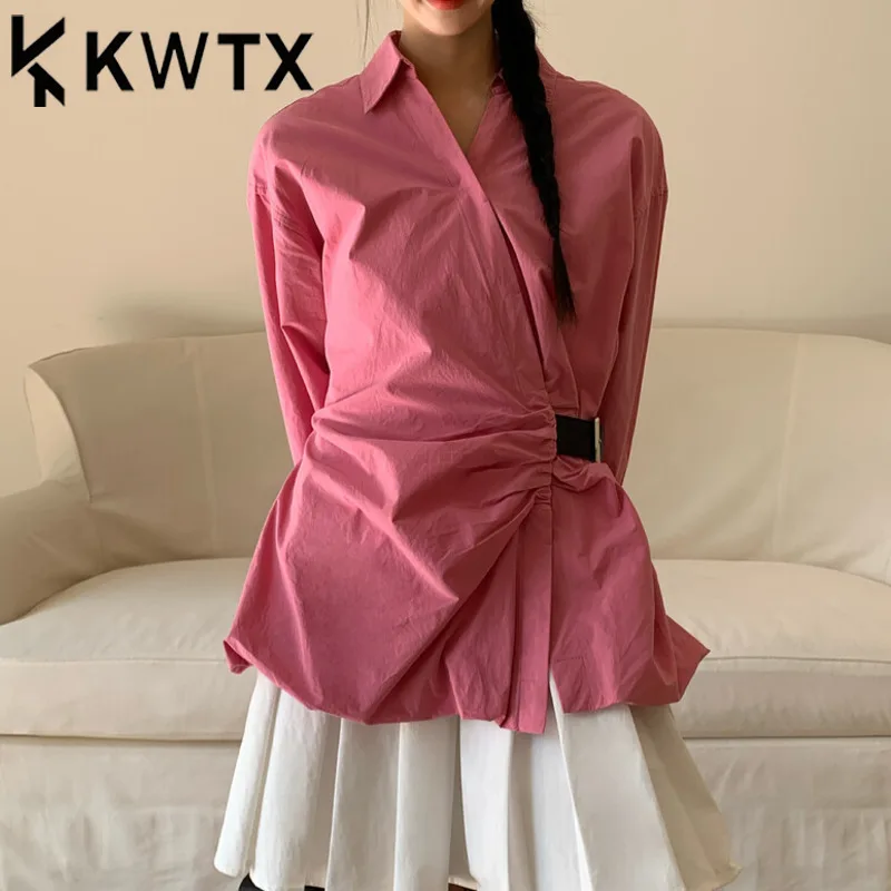 

KWTX 2025 Spring Summer Women's Elegant Ruffle Blouse Casual Pure Color Street Fashion Chic Luxury Tied Waist Top High Quality