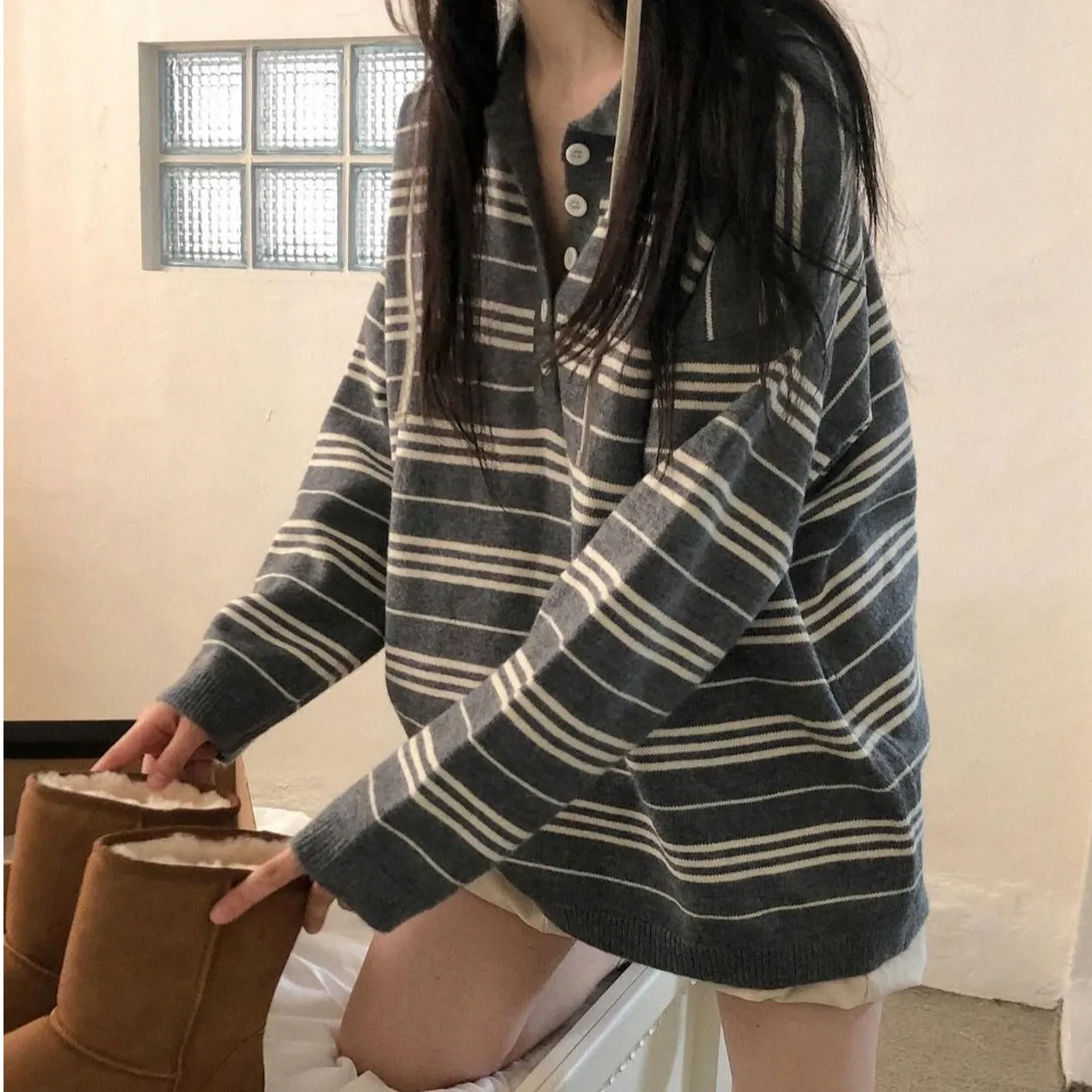 Laid-back Korean Style  Neck Striped Sweater Loose Knitted Long Sleeve Casual Style Women's Fashion Autumn New Arrival