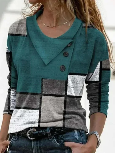 Imagen 2 del producto Camiseta con estampado geométrico para mujer, Tops informales de manga larga con botones de otoño, camisetas elegantes con decoración circular 3XL