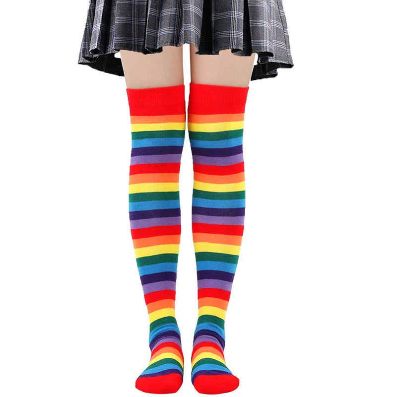 1 Pair Colorful Rainbow Stockings Striped Long Socks Knee Thigh High Socks School Girls Halloween JK Uniform Cosplay Accessories