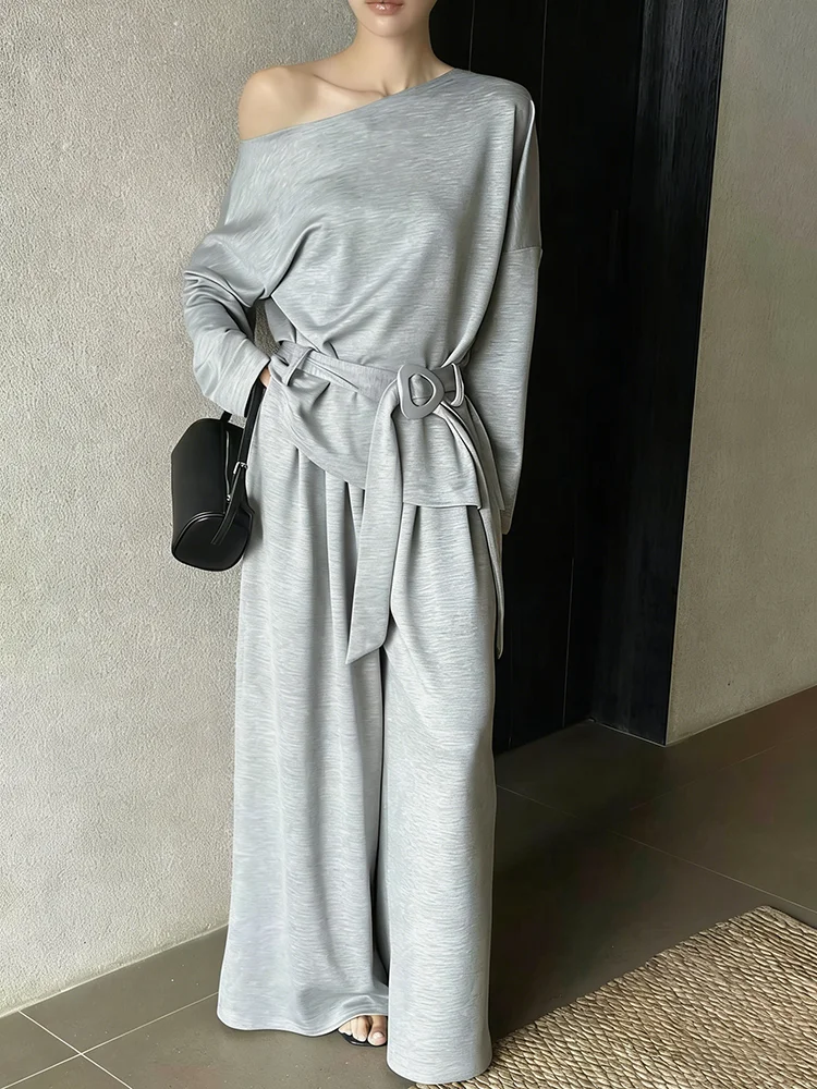 

BJTZ 2026 Spring Autumn Women Asymmetric Off Shoulder Loose Top Wide Leg Pants Set Casual Two Piece Outfits