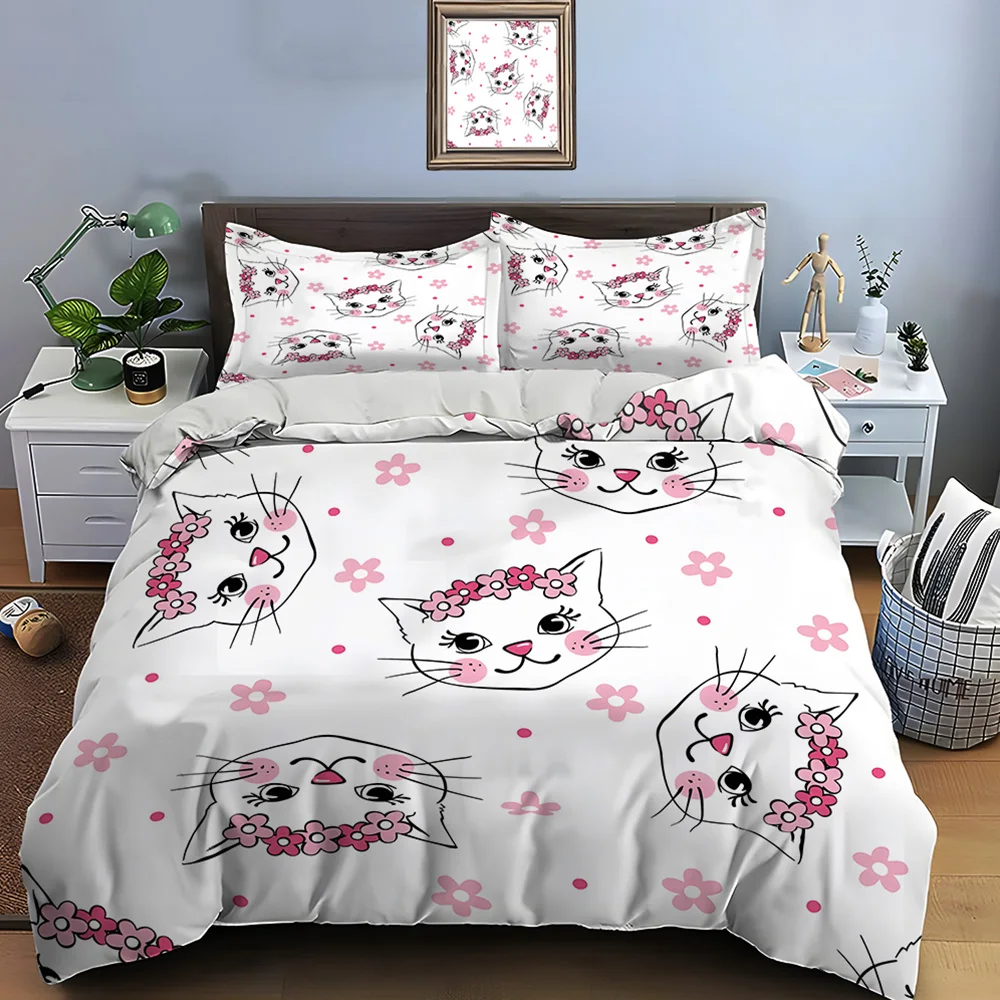

Cute cat faces with pink flowers Bedding Set for Kids Luxury Gift 3pcs Digital Print Comforter Set Soft Comfortable Breathable