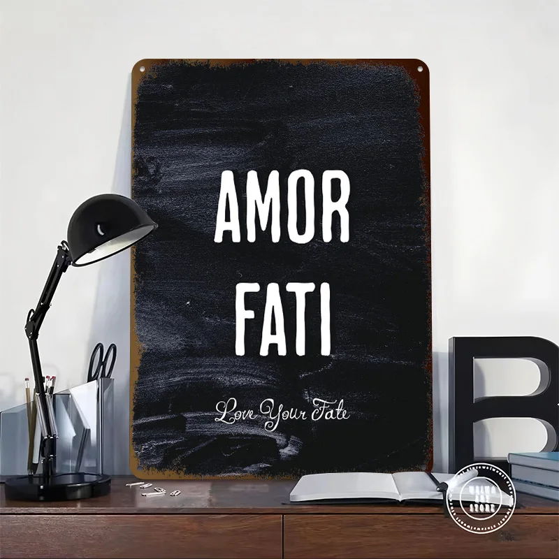 Latin Quote Amor Fati 3D Printed Texture Poster Personalized Wall Art Retro Metal Tin Signs for Decor Living Room Decoration Man