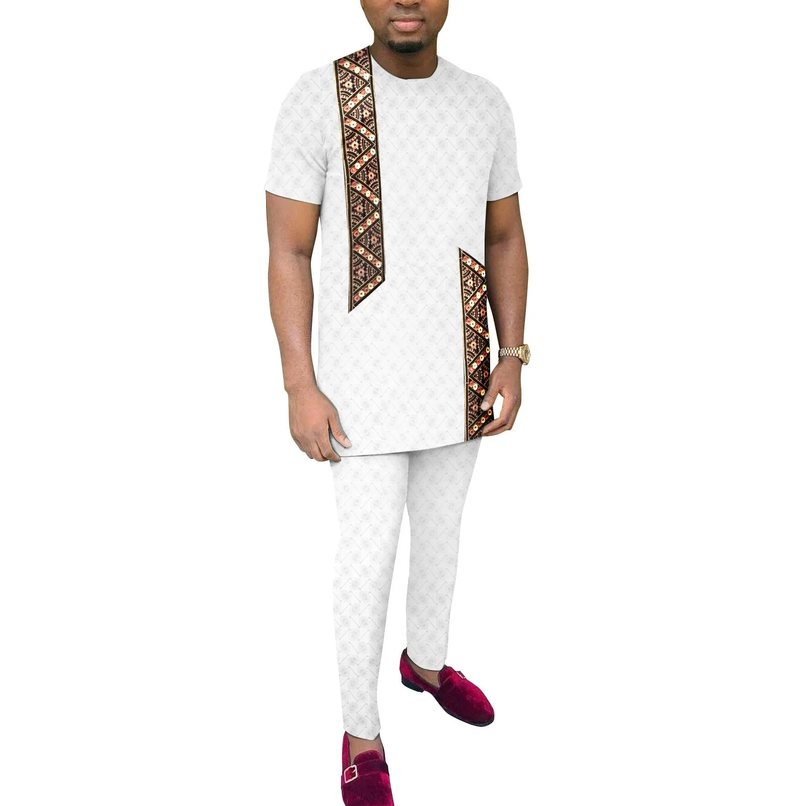 بدلة رياضية رجالية ملابس أفريقية Dashiki مطرزة بزرين قمصان وبنطلون 2 قطعة مجموعة ملابس أنقرة بدلات أفريقية #6