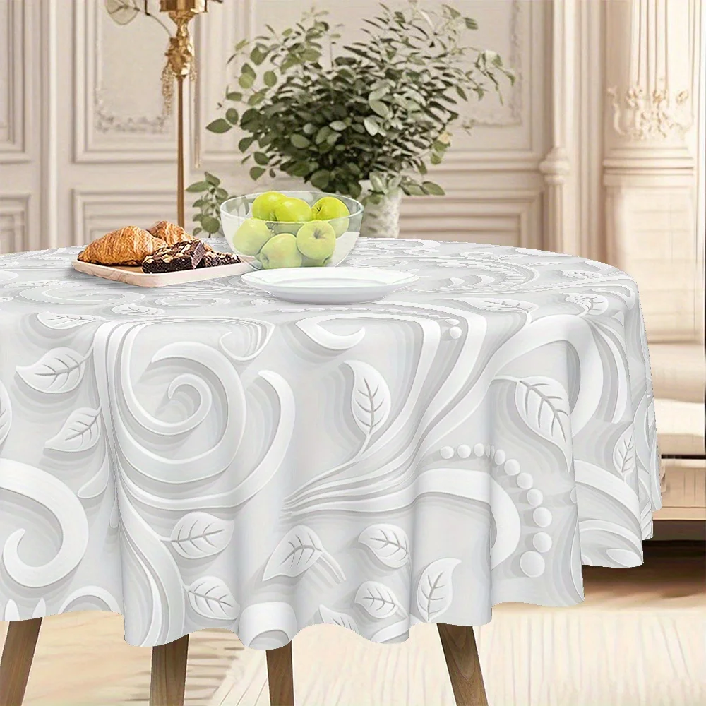 Pure white floral-printed circular tablecloth for the restaurant, made of twill polyester material.