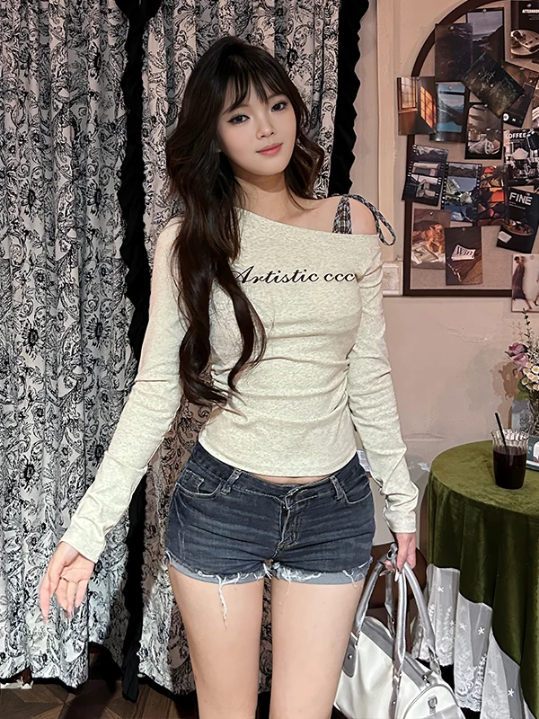 

plus Size Women's Long Sve T-irt Slim Fit Letter Print Base Top oulder Strap Trendy Sle Casual Wear for Autumn