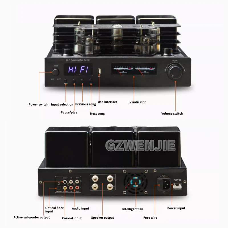 Amplificateur à tube sous vide haute puissance, prise en charge Bluetooth 5.0, entrée coaxiale fibre, ampli audio HIFI, USB, phono à distance, AL260, 200wX2, 8-10m
