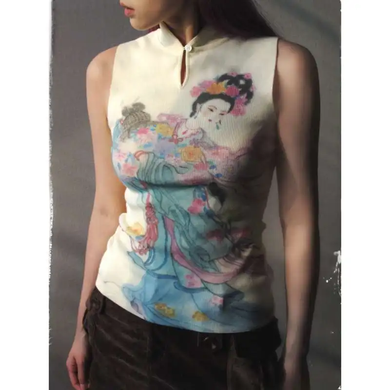

Fairy Tank Top Summer Print Cheongsam Collar Tank Top Slim Design Versatile Chinese-inspired Tops Y2k Women T-shirt Vest