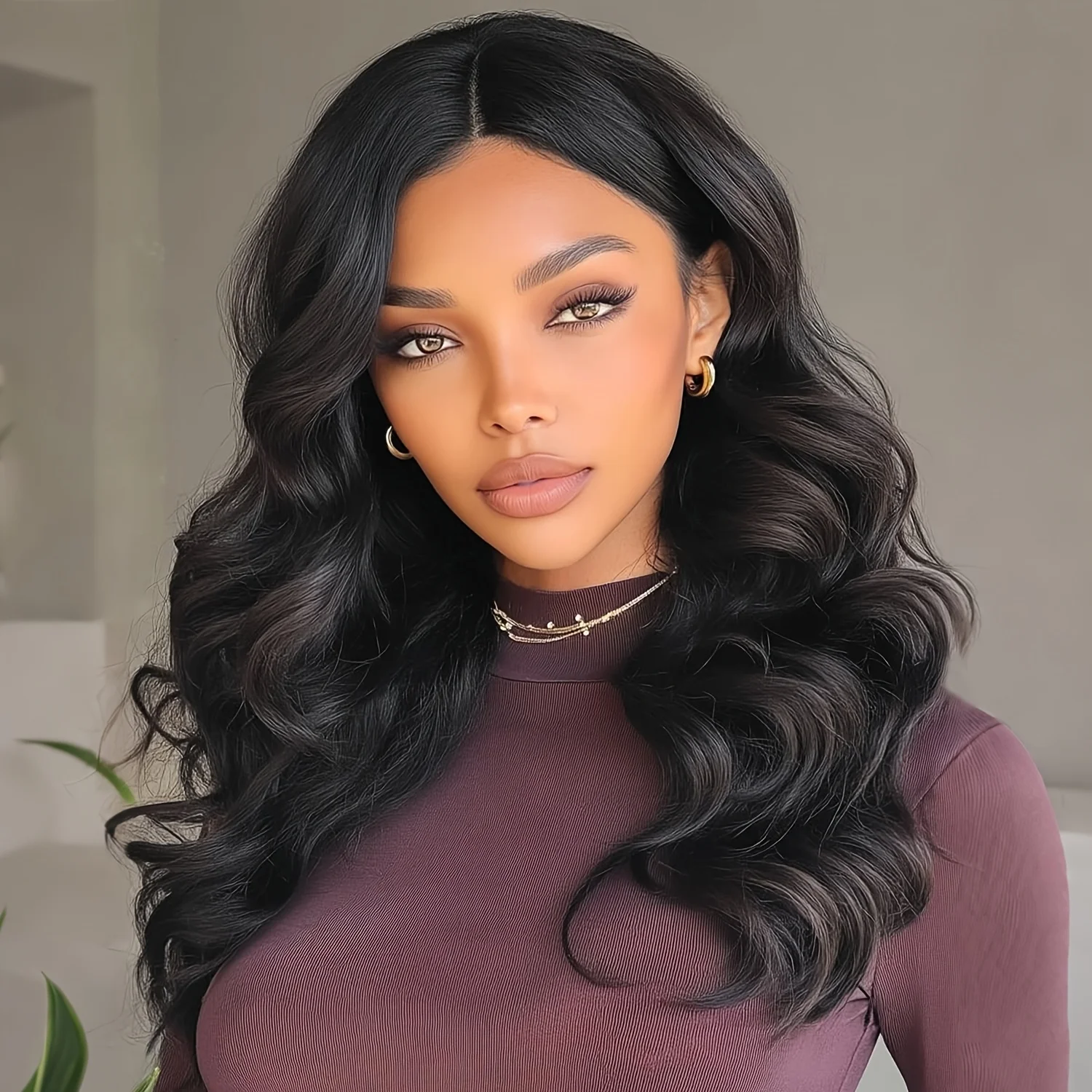 Women's long black wig—Sophie Yan voluminous, thick, curly synthetic black hair with a natural, realistic look.
