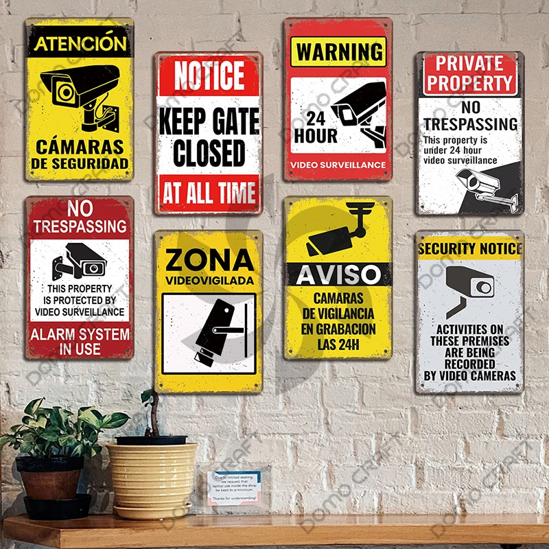 Warning CCTV Tin Signs Metal Plaque Notice 24 Hour Security Camera Vintage Poster Metal Plate Wall Decor for Mall Shop Bar Home