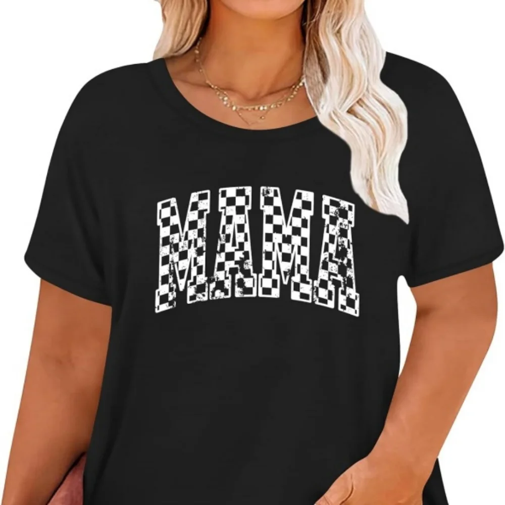 Plus Size Mama Shirt Women Floral Mama Letter Printed T-Shirt Checkered Mom Life Shirts Tee Tops