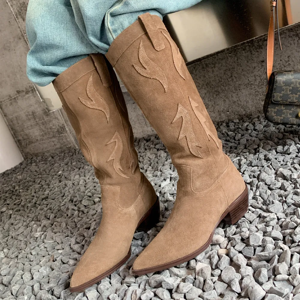 

Women's natural suede leather slip-on autumn knee high western boots pointed toe 4cm thick low heel casual female high boots hot