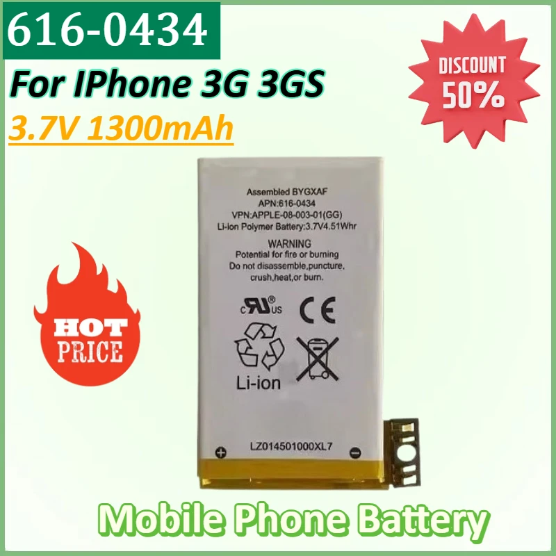 

Новый аккумулятор для мобильного телефона 616-0434 3,7 В 1300 мАч для IPhone 3G 3GS, высококачественные аккумуляторы