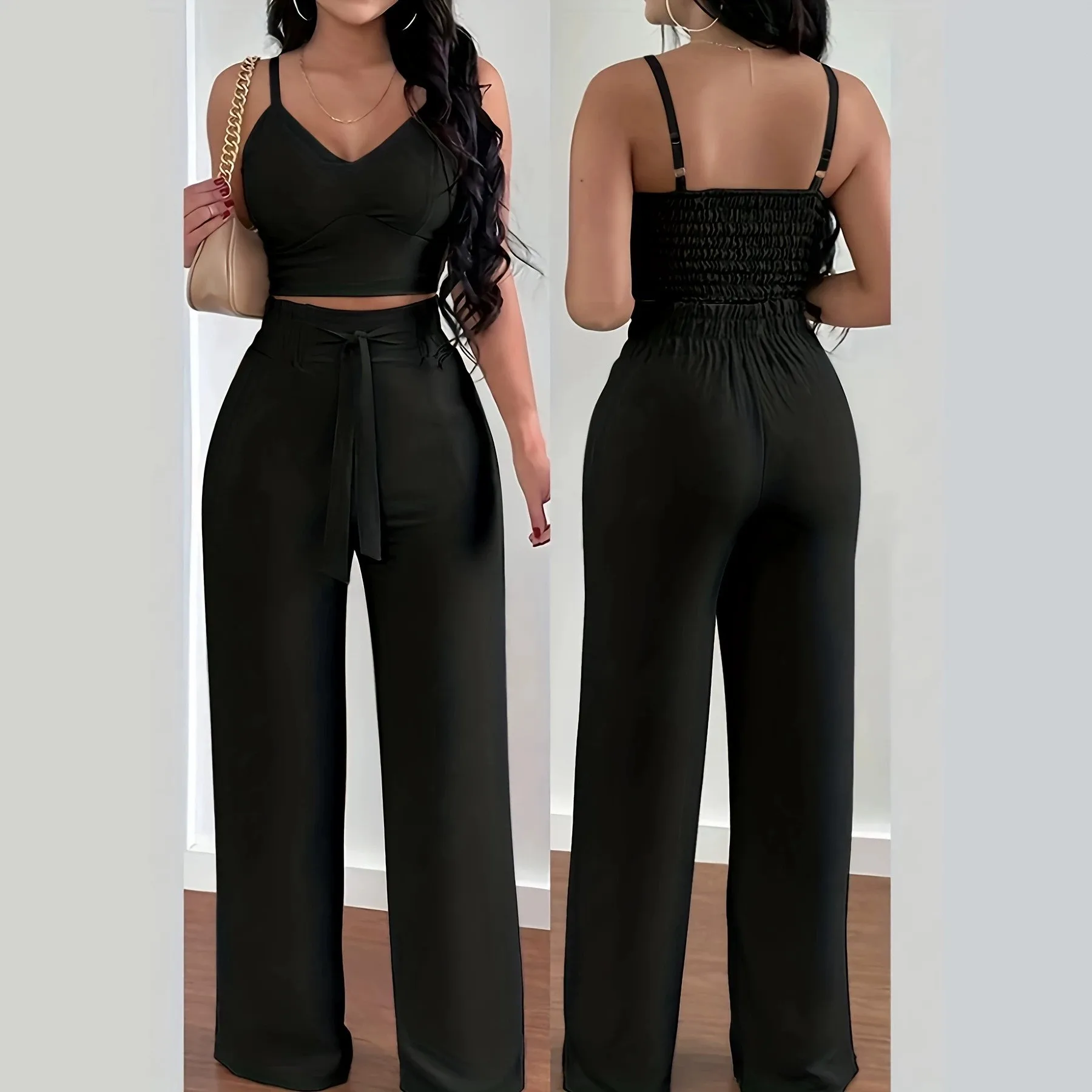 2 Piece Set Tank Thin Strap Camisole Smocked Back Self Tie Waist Sleeveless Neck Summer Vest Women's 2-piece Set Women Sets