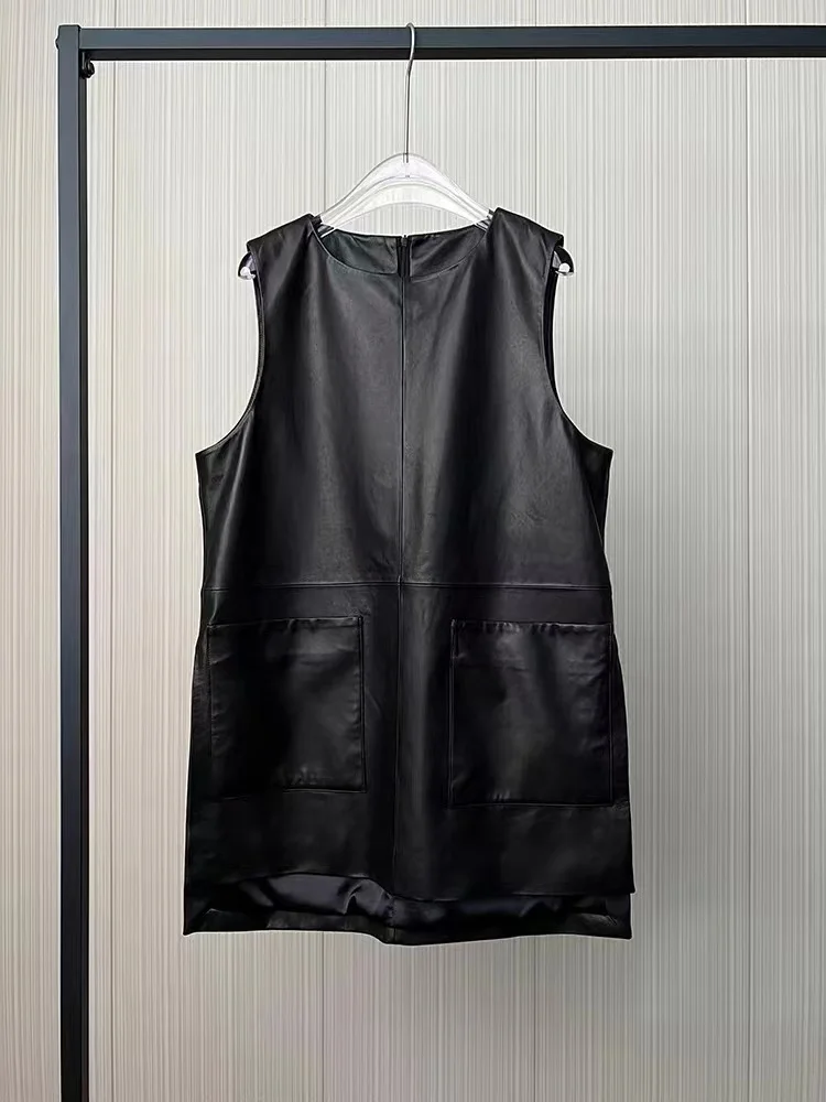 Black Pullover Genuine Leather Vest for Women 2023 New Advanced Design Round Neck Slit Big Pockets Tank Top Oversized Waistcoat