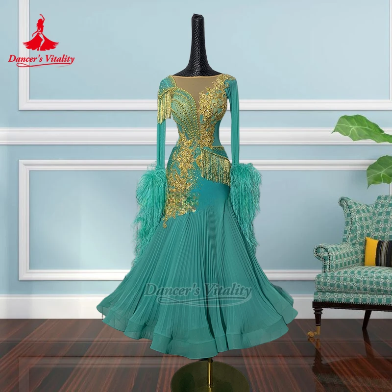 فساتين الفالس للبالغين ذات ثنيات بحاشية سفلية وأكمام طويلة فساتين فاخرة مخصصة لحيوية الراقصة والرقص الاجتماعي ملابس مسابقة ريش النعام #1