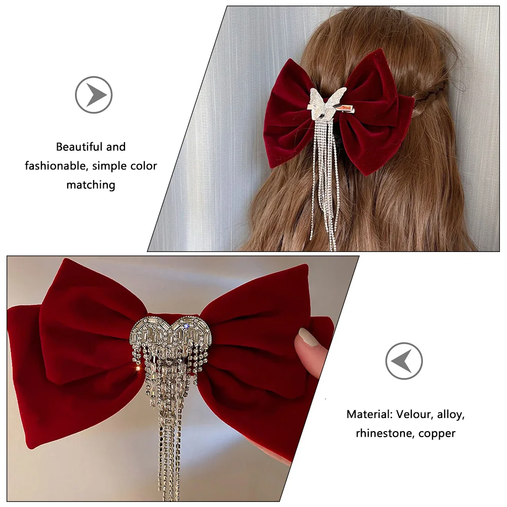 

Fancy Bow Clip Decorative Tassel Rhinestones Blue Red Barrette Women Accessories Girls Hair Bowknot Pin Styling Aid Thin Thick