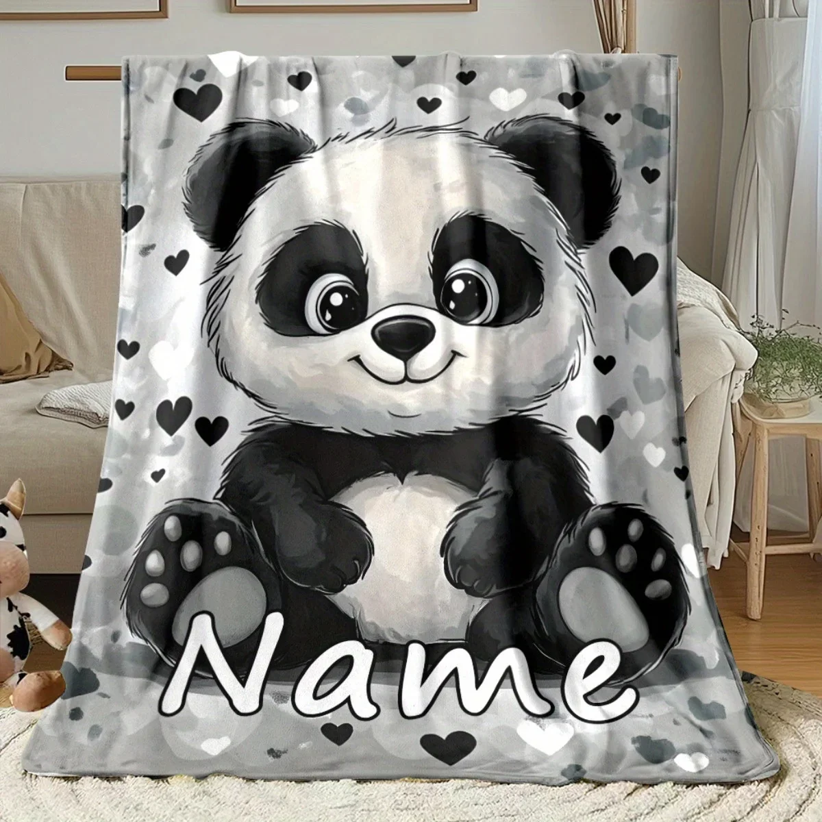 Personalized Panda Blanket Cute Cartoon Panda With Hearts Background Custom Name Soft Fleece Throw Gift For Kids And Babies