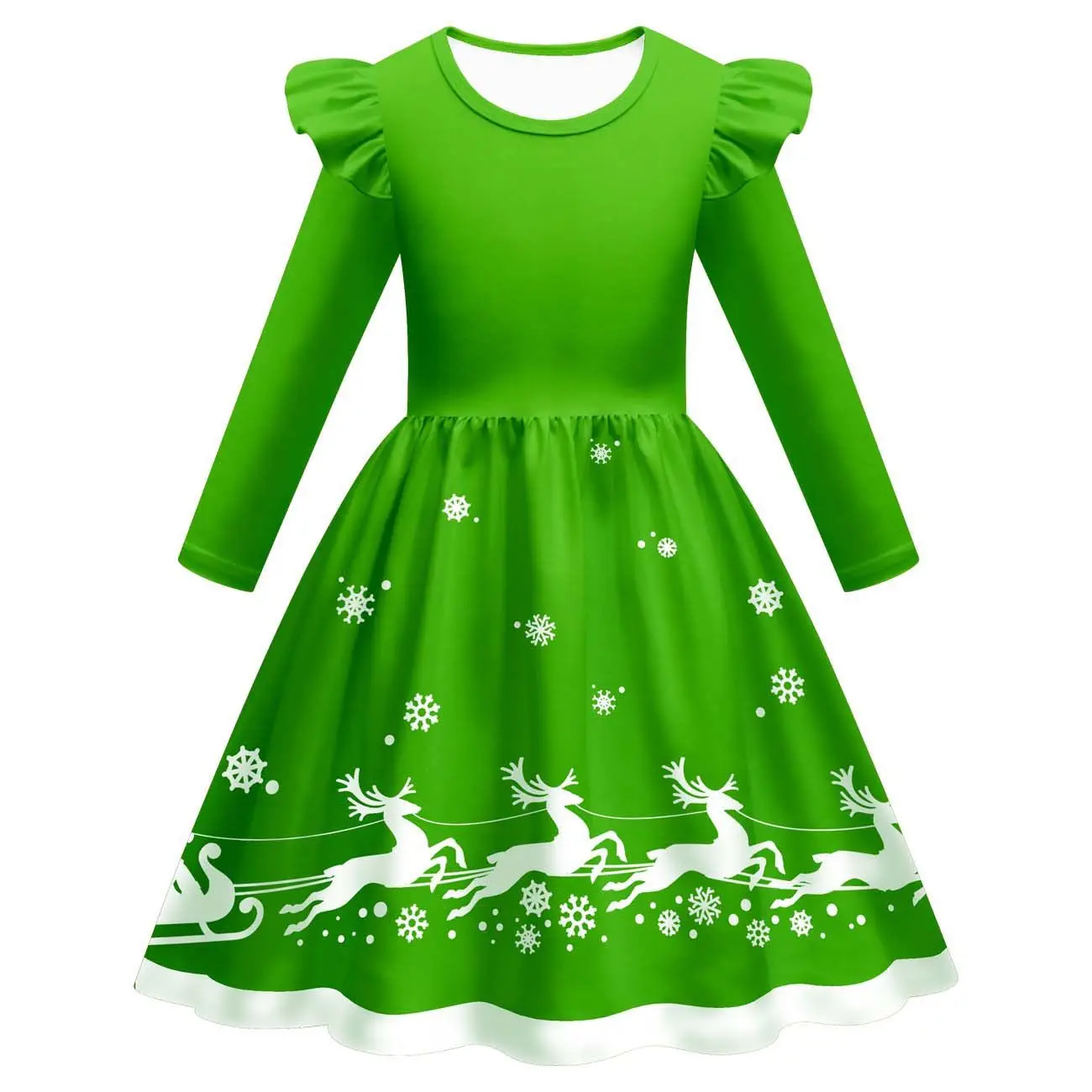 Winter Christmas Red Green Full Sleeve Dress Girls Reindeer Printed Christmas Clothing Kids Girls Solid Dresses Cute Cartoon