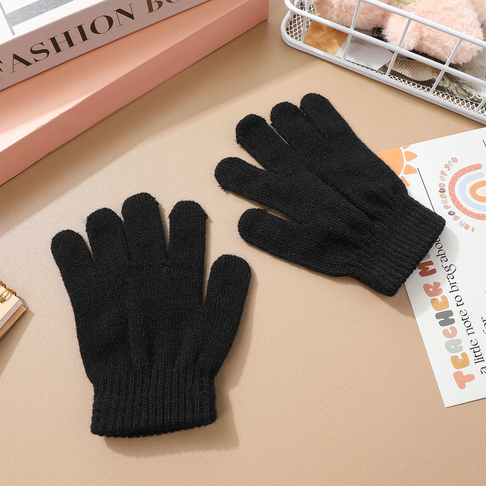 

Kids 4-12 Years Full Finger Knitted Warm Winter Gloves Solid Color Stretchy Handmade Scarf Hat Rain Jacket Boots