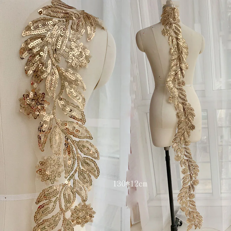 130CM Lehgth Gold Sequins Lace Flower Applique Trim Edge Handmade DIY Material Wedding Clothing Applique 12CM Wide