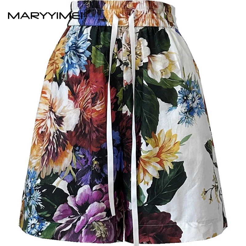 

MARYYIMEI Summer New Women's Elastic Waist Lace-Up Cotton Floral-Print Casual Holiday Shorts