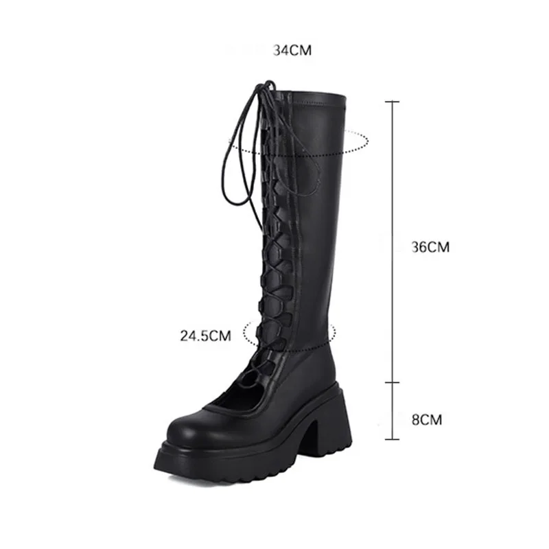 Comemore Summer Women High Boots Fashion Lace Up Platform Heel Shoes Ladies Elegant Women\'s Black Hollow Out Cool Knight Botas