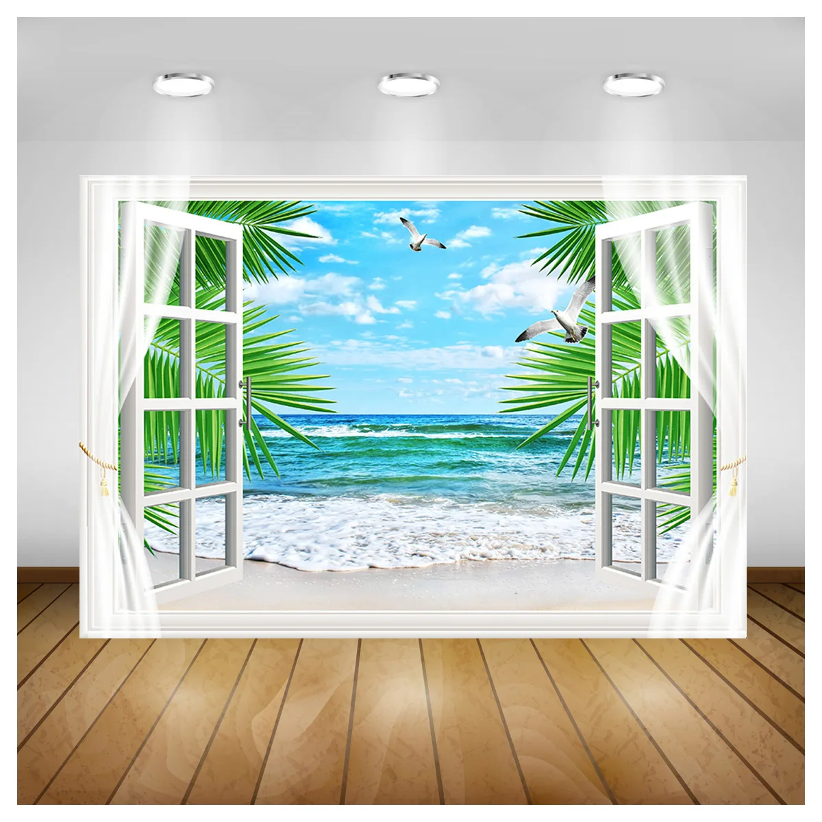 Fondo de fotografía con ventana, playa, árbol de coco, accesorios de paisaje, centro comercial, decoración interior, estudio fotográfico, HH-15