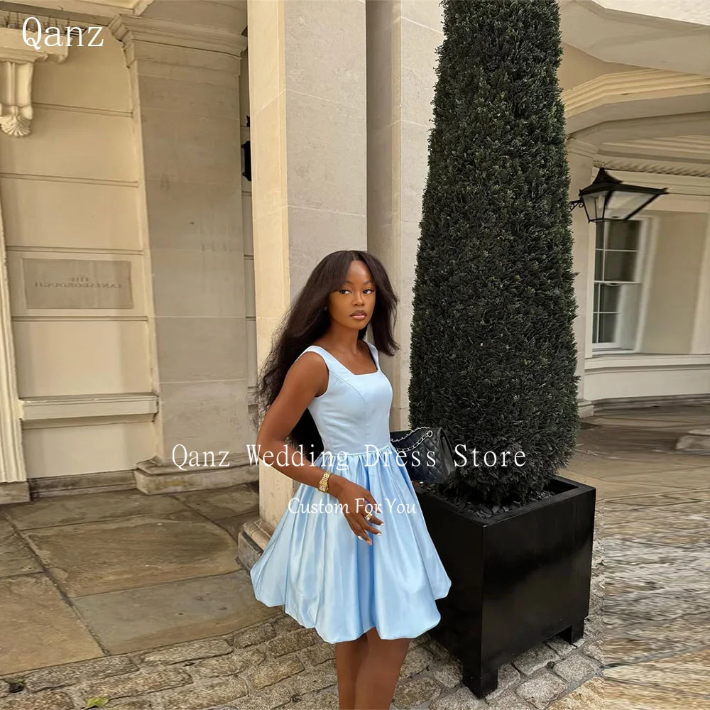 

Qanz Princess Short A Line Prom Dress Spaghetti Straps Satin Sky Blue Birthday Party Gown Mini Graduation Dress 2025 Customized