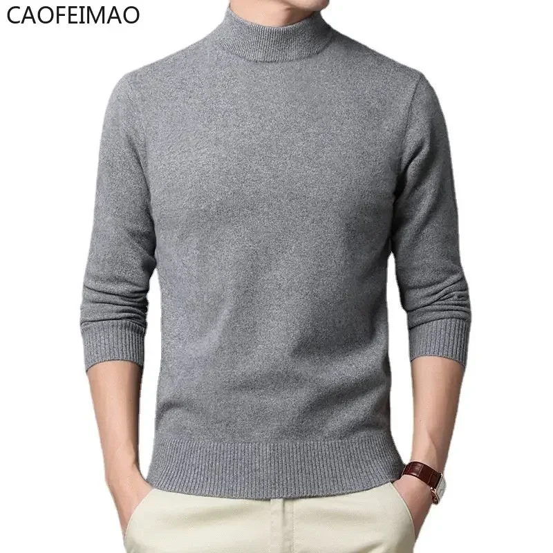 

2023caofeimao Sweater Warm Men's Half Turtleneck Solid Color Pullover Fashion Thickening Middle-aged Long-sleeved Top Pullover